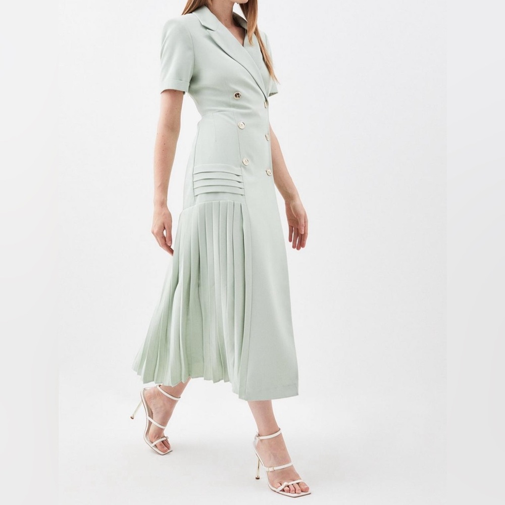 Karen Millen Sage Green Double Breasted Pleated Midi Dress Size US 6 UK 10